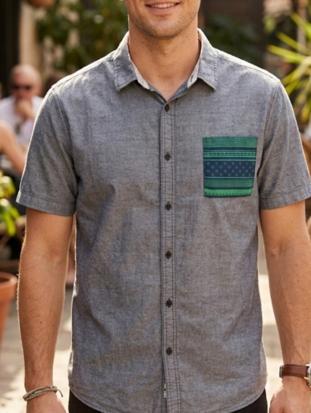 Tony Hawk Grey Short-Sleeve Button-Down with Green Patterned Pocket (Sz XL)